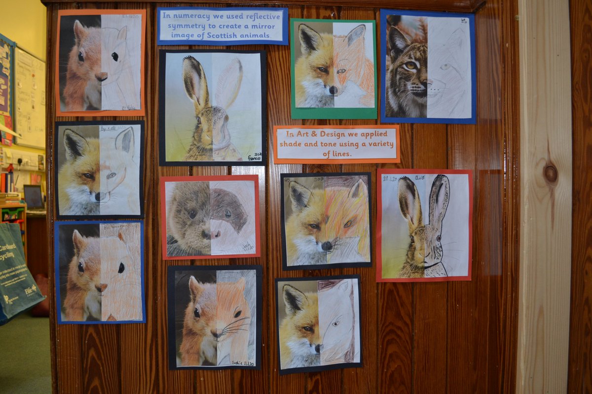PittenweemPS's tweet photo. This term P5/6/7 have been using their symmetry skills in their art work. They used reflective symmetry to create their animal artwork and used rotational symmetry to create their own patterns. #mathsinart #scottishanimals #amazingpatterns https://t.co/tMG0JsowXQ
