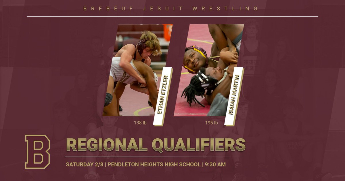 BrebeufSports's tweet photo. Ethan Etzler (138) and Isaiah Martin (195) of @BrebeufW will compete tomorrow at Pendleton Heights High School at 9:30 in the @ihsaa1 Regional. @BrebeufJesuit @BJPS_Spirit https://t.co/IrFdJgSwj3