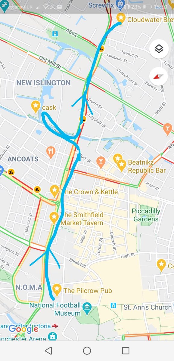 The lovely Sean from <a href="/BeerMoreSocial/">Beer More Social</a> has created a map for the places we’ll be hitting tomorrow, starting with @ThePilcrowPub at 14:00, followed by <a href="/smithfieldmcr1/">The SmithfieldTavern</a> <a href="/CrownKettle/">The Crown and Kettle</a> <a href="/AncoatsCask/">Cask Ancoats</a> <a href="/cloudwaterunit9/">Cloudwater Brewery Taproom</a> @trackbrewco 
Praying for rain for the full Manchester experience 🌧🍻