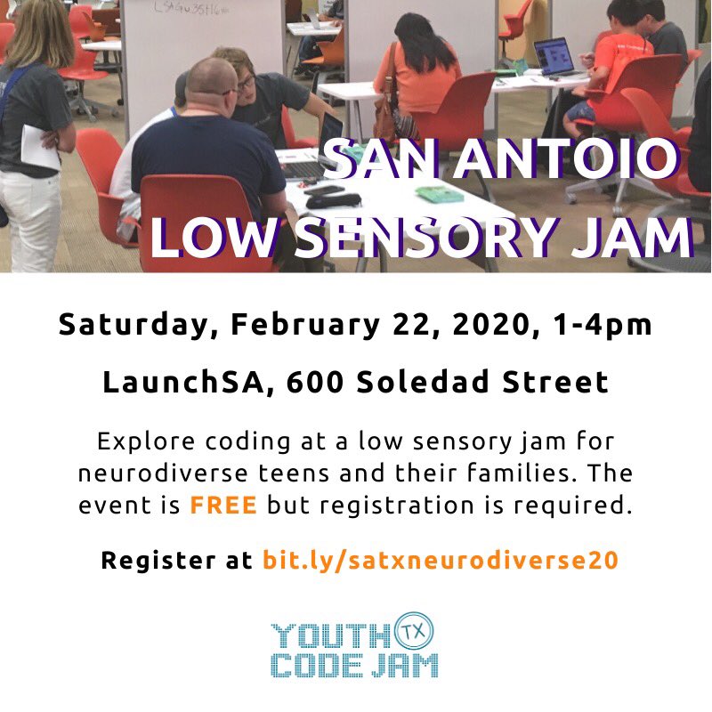 YouthCodeJam's tweet photo. There’s still time to sign up for the Feb. 22 San Antonio Low Sensory Jam! Register at https://t.co/RkR7HBdSzE @HEB #helpinghere @JungleDisk @Whataburger #csforallkids #csforall #neurodiverse #neurodiversity #sacodejam #txcodejam #sanantonio #freeevent #familyengagement https://t.co/iejOgvkZ54