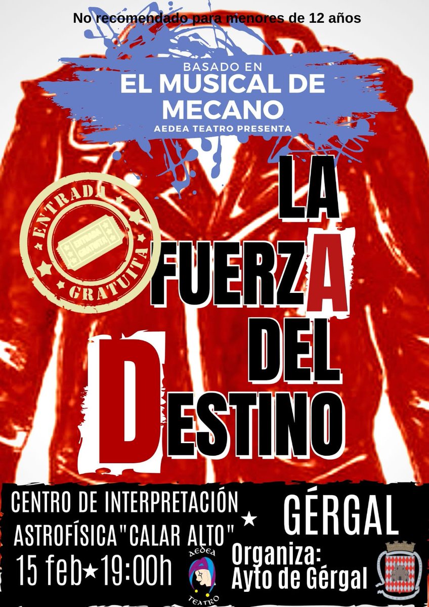 El próximo 15 de Febrero a las 19h estaremos en Gergal para volver a poner encima de las tablas nuestro musical "La fuerza del destino".

¡Os esperamos!