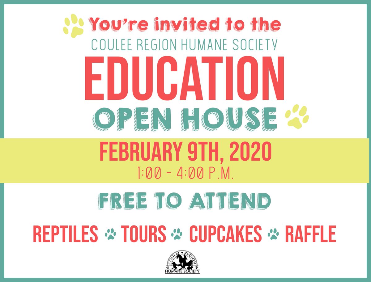 couleehumane's tweet photo. Have you heard about our Education Open House on Sunday, Feb 9th? We will have a craft station, reptiles, shelter tours, and FREE cupcakes! Stop by anytime between 1-4pm and check us out! https://t.co/IJlLbEf9Zf