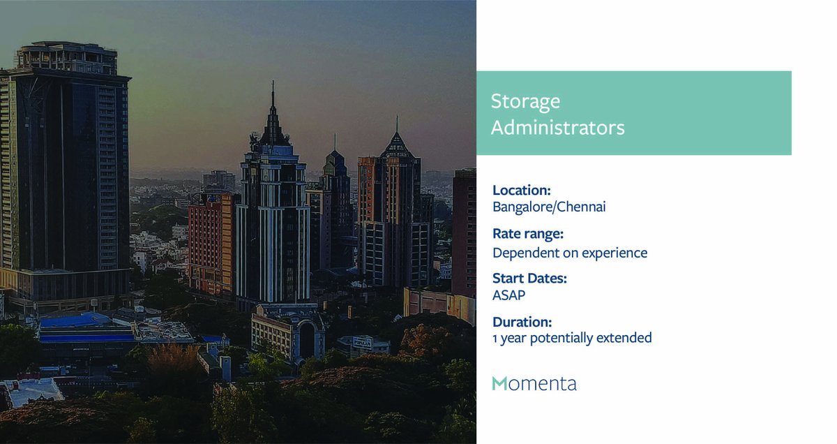 MomentaGroup's tweet image. Do you have experience in Enterprise migration projects?
Our client DXC Technology is looking for 3 Storage Administrators to join their team based in Bangalore/Chennai.
 
Apply Now: bit.ly/37FGgcC
 
#StorageAdmin #ChennaiJobs #BangaloreJobs