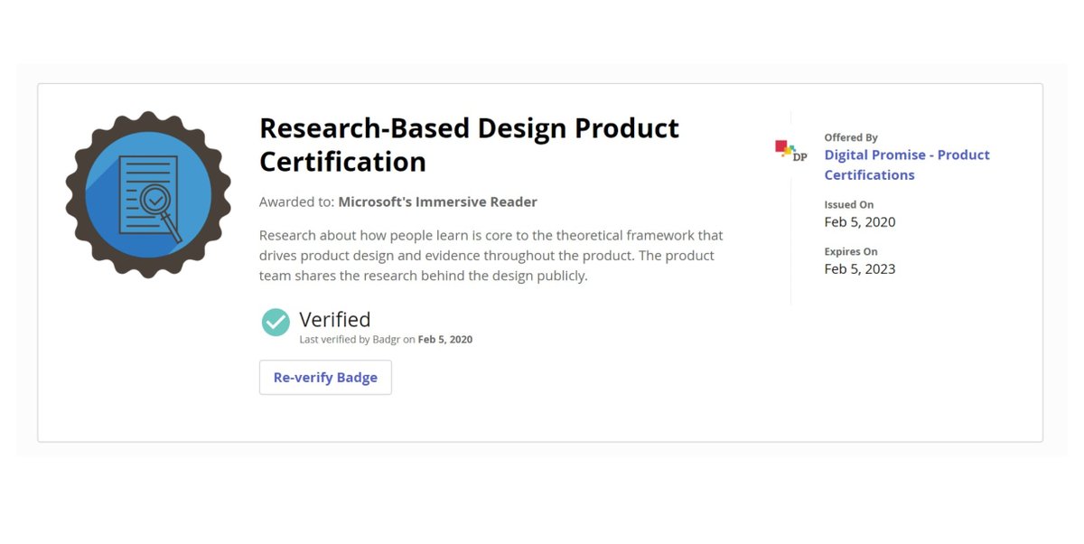 mtholfsen's tweet image. Honored &amp;amp; excited for the Immersive Reader to be awarded the new &quot;Research-Based Design Product Certification&quot; 🏅from @DigitalPromise. Based on the science and research that supports the design of the product. #edtech #accessibility #MicrosoftEDU

🔗 …ductcertifications.digitalpromise.org/research-based…