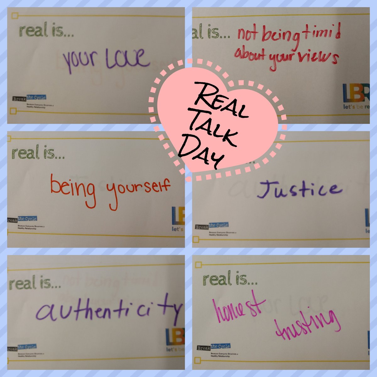 pchcares's tweet photo. As part of #TDVAM20's Real Talk Day, our DV outreach team spoke with local high schoolers to get their perspectives on relationships, abuse, and love. Check out their responses, and join us in the #BTCRealTalk conversation! #OutrageIntoAction @BreaktheCycleDV https://t.co/kIMi0g3kXw