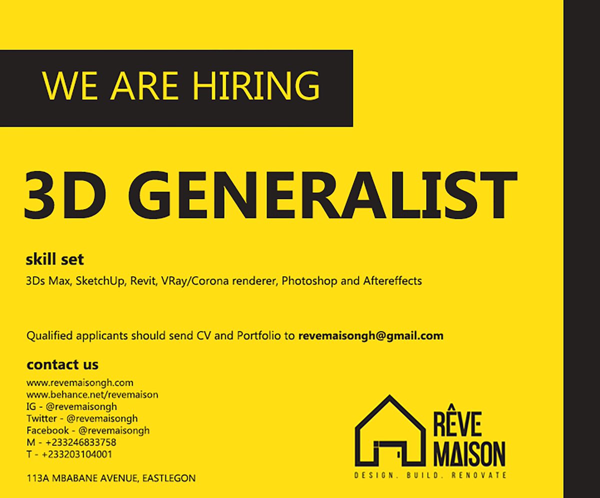 REVEMAISONGH's tweet photo. WE ARE HIRING 🚧⚠️

Send CV &amp; Portfolio to revemaisongh@gmail.com https://t.co/zSsBPQ9ser