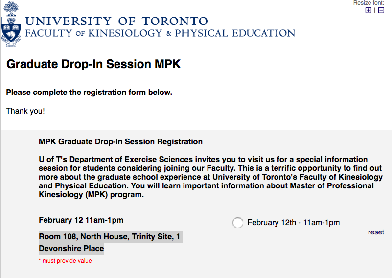 Our MPK (Master of Professional Kinesiology) drop-in session is around the corner! Register on our website today and save your spot. We look forward to seeing you all soon!

Time: 11 am - 1 pm, Wed, Feb 12th, 2020
Location: Room 108, North House, Trinity Site, 1 Devonshire Place