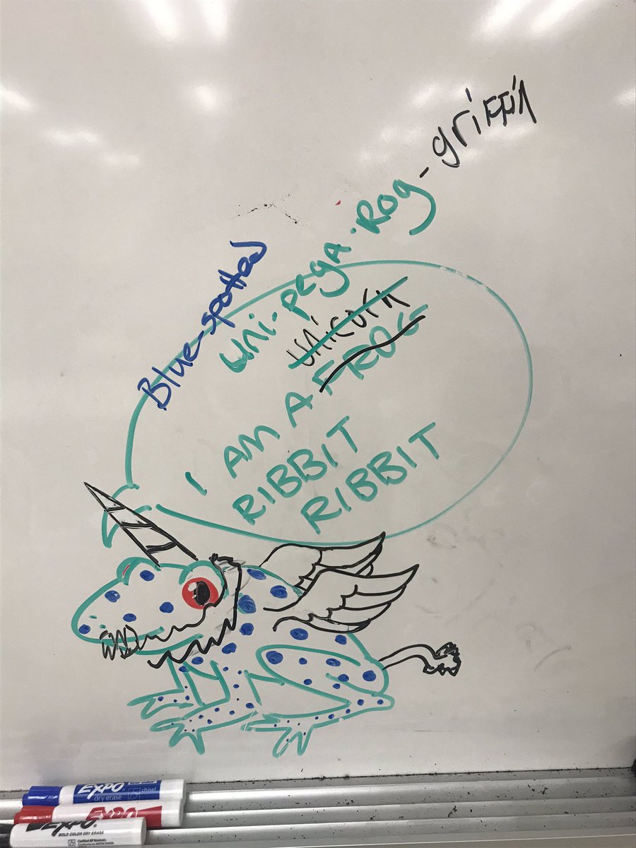 mongeese's tweet photo. Last week I doodled a red-eyed frog on the whiteboard in a computer lab and it EVOLVED* throughout the week in astonishing ways. https://t.co/kE359fWiGA