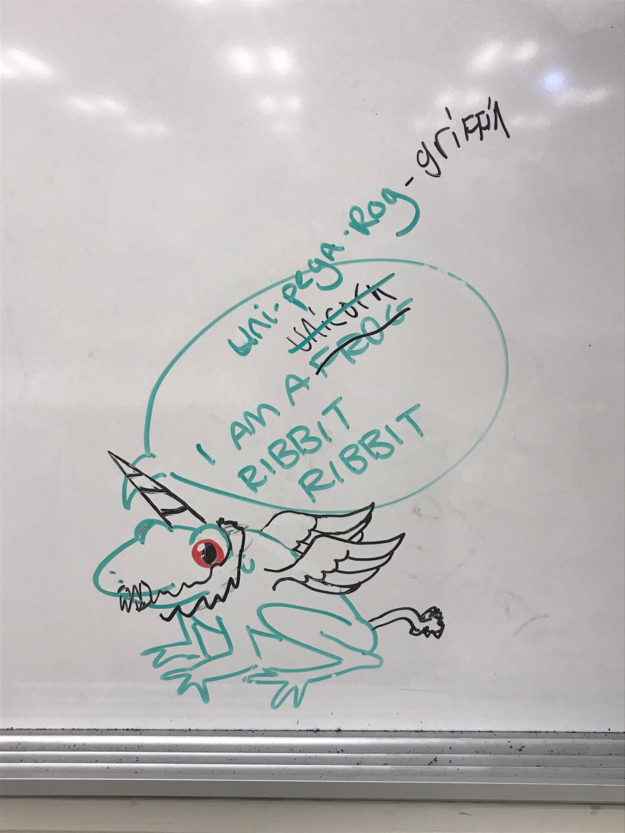 mongeese's tweet photo. Last week I doodled a red-eyed frog on the whiteboard in a computer lab and it EVOLVED* throughout the week in astonishing ways. https://t.co/kE359fWiGA