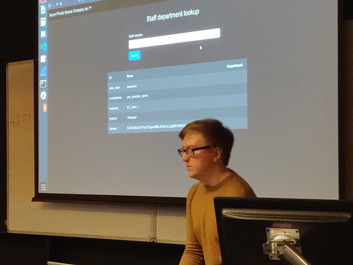 Second year Will holding a talk on web penetration testing and securing services from common attacks.

(Video soon!)