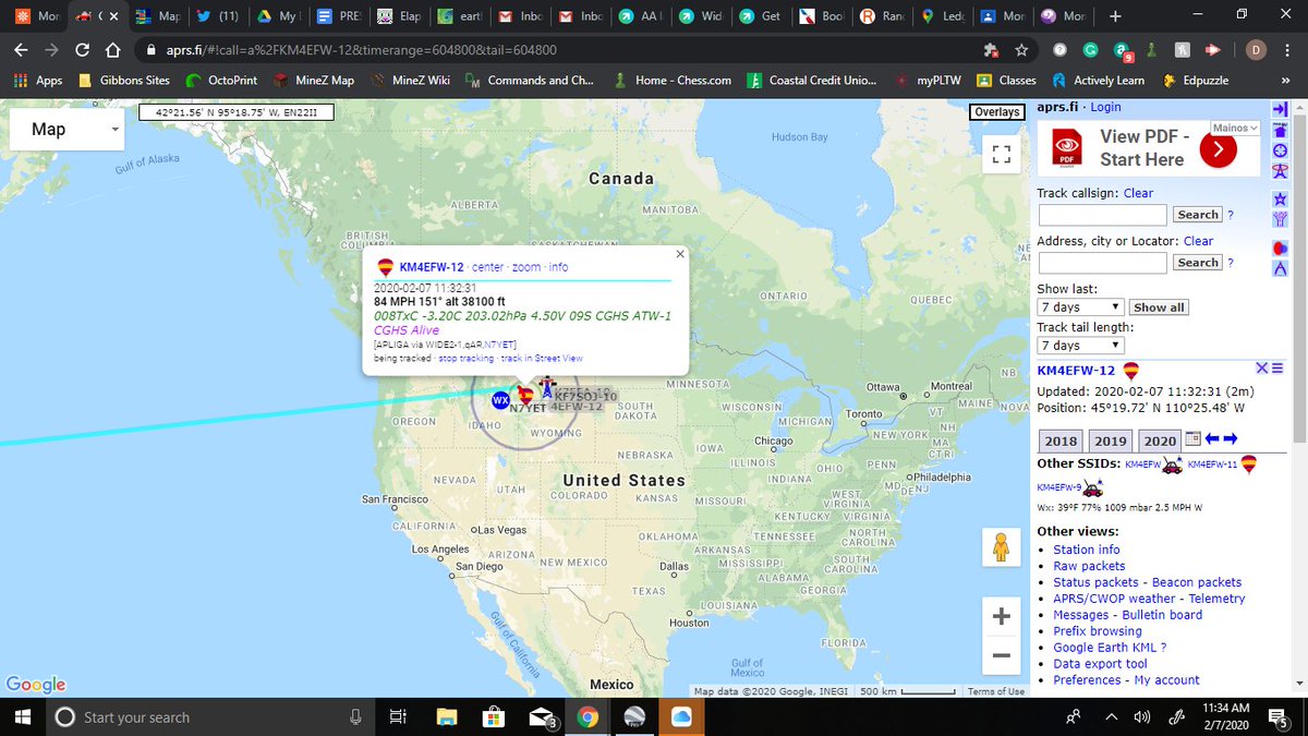 Helios_2020's tweet photo. Helios-1 HAS MADE IT ACROSS THE ATLANTIC AND IS BACK OVER THE USA. Currently picking up APRS pings once again currently over Montana. Helios-1 currently moving south at 84mph. https://t.co/xN5AuRPuvj