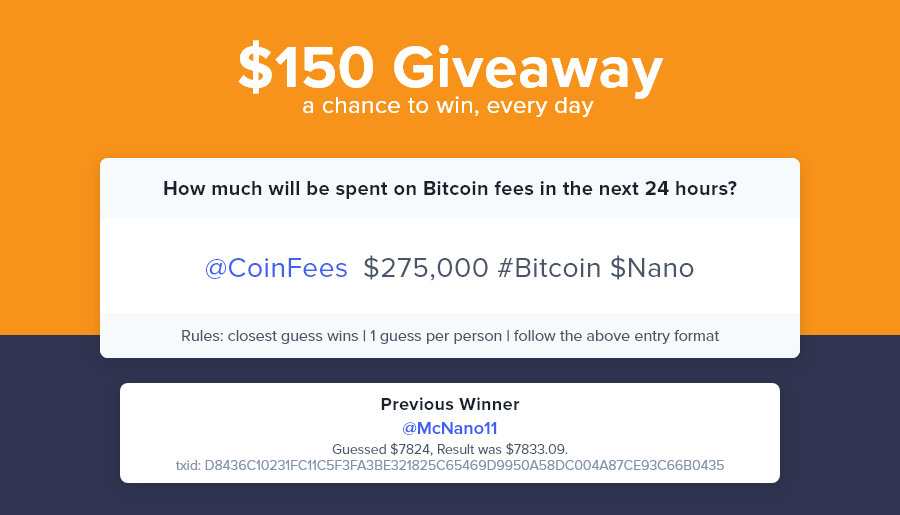 CoinFees's tweet photo. Win $150 of $Nano if you correctly guess how much will be spent total on #Bitcoin fees in the next 24 hours! (Must follow &amp; RT)

Previous winner was: @McNano11 with the guess of $7824 (actual amount: $7,833.09) TX: D8436C10231FC11C5F3FA3BE321825C65469D9950A58DC004A87CE93C66B0435 https://t.co/dDMYnNeSAM