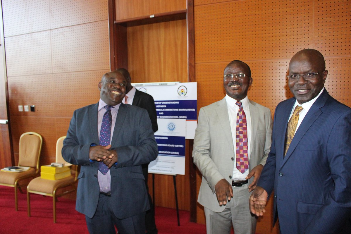 nwscug's tweet photo. PHOTOS: Ministry of Education and Sports PS Alex Kakooza, @UBTEB Board Chairman @NWSCMD MUBS Vice Chancellor Prof Balunywa sharing a light moment at #UBTEB2019Results ceremony. https://t.co/MxFtwdDkQJ