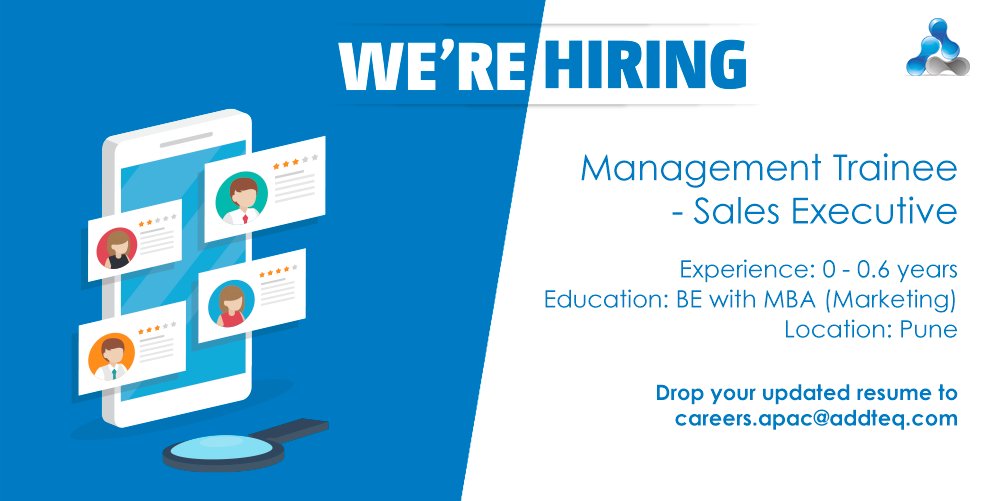enreap_india's tweet photo. Addteq is looking for Management Trainee - Sales Executive. Experience: 0 - 0.6 years
Qualification: B.E / https://t.co/8lPnw9aBhE with MBA (Marketing)
Mail your Resume at careers.apac@addteq.com
More openings on: https://t.co/zOtd9fVVc4
#JobVacancy #addteqapac #salesreps #sales https://t.co/oS6wHpcQXE