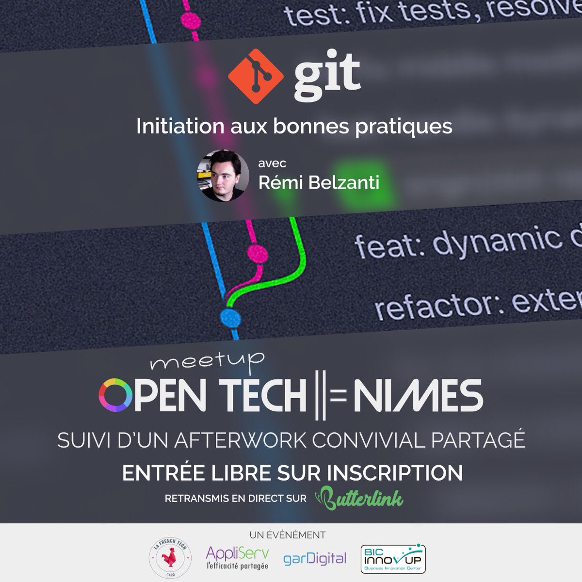Rejoignez-nous pour le prochain meetup #OpenTechNimes sur notre outil préféré : #GIT ! Meetup animé par Rémi Belzanti qui donne des formations sur le sujet.
Apéro offert par @gardDigital et <a href="/FrenchtechG/">French Tech Gard</a>, et hébergé @InnovupLR, soutenu par l’équipe #appliserv <a href="/Ammycommunaute/">Ammy Communauté</a>