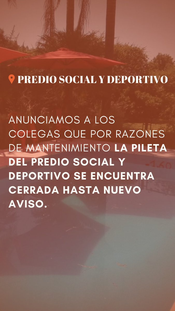 INFORMACIÓN IMPORTANTE

Por razones de mantenimiento, la pileta del predio social y deportivo se encuentra cerrada.