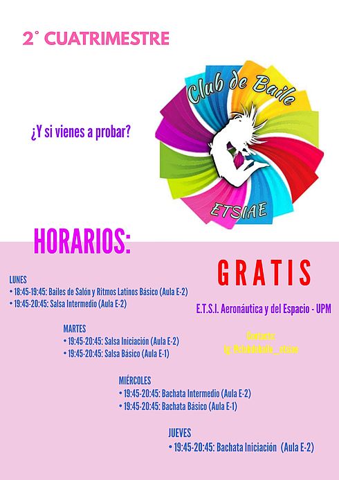 Si te encantan los bailes de salón y los ritmos latinos o si quieres probar qué tal se ta la salsa o la bachata, el <a href="/ClubBaileETSIAE/">Club de Baile ETSIAE</a> te ofrece diferentes cursos gratuitos para el 2º cuatrimestre. 
#asociacionesestudiantesETSIAE #nosoloingeniería
👇Toda la info en la imagen 👇