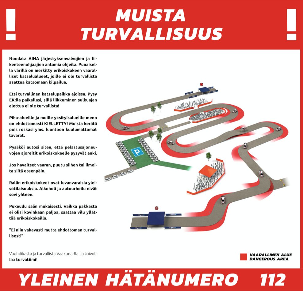 Muistutus meille kaikille,
myös naapurin Maikille. 
Olkaa varovaisia erikoiskokeilla rallin, 
pysykää poissa punaisilta alueilta kartan mallin.
Katselijoiden turvallisuus on aihe tärkeä, 
emme halua ketään ralleissa särkeä. ⚠️ 

#RalliSM <a href="/SMVaakunaRalli/">SM Vaakuna-Ralli Mikkeli</a> #Turvallisuus
