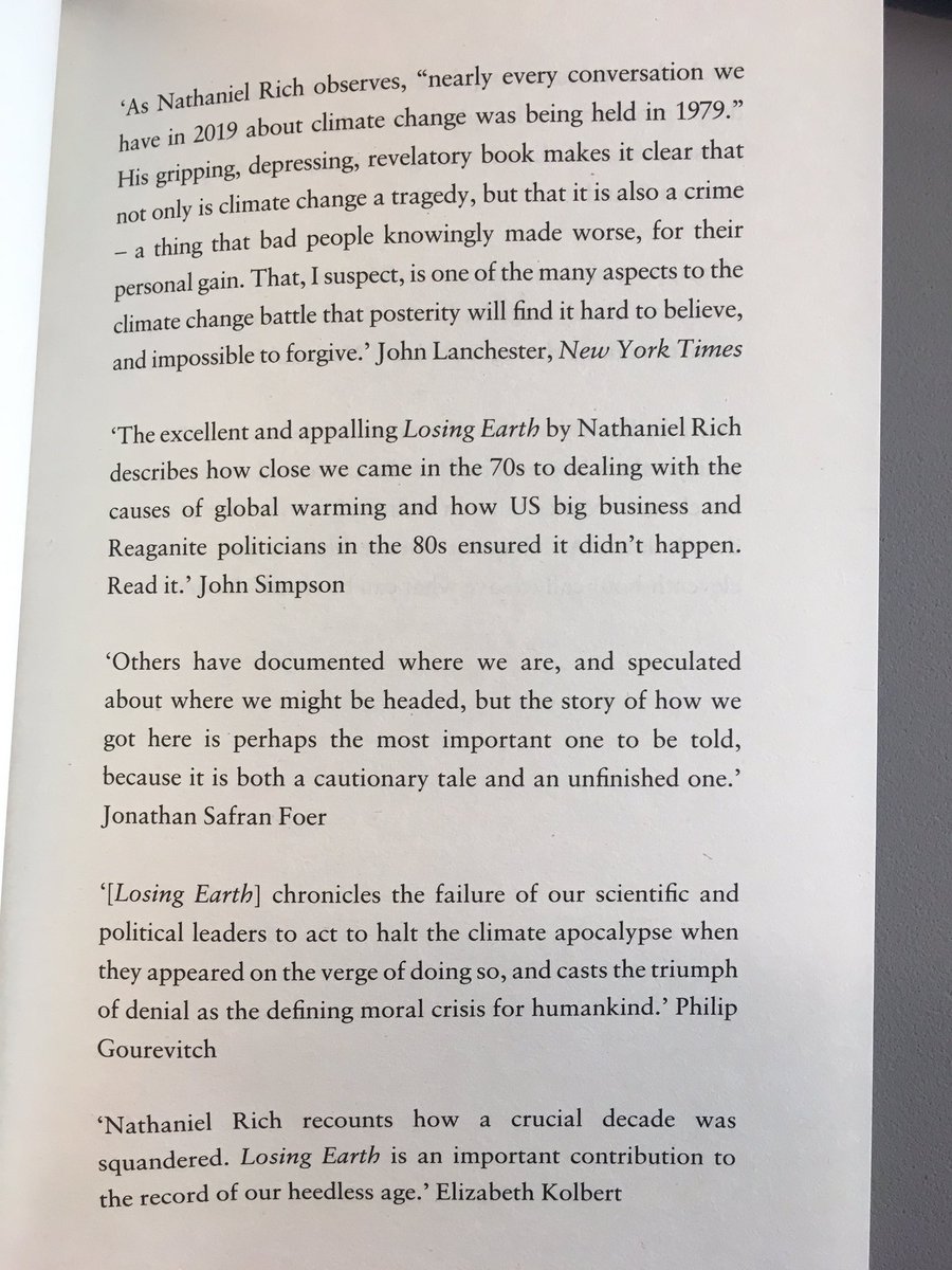 CamillaElworthy's tweet photo. ‘Essential reading’ is so overused as to be meaningless (& I’m sure I’ve been guilty) but Nathaniel Rich’s #LosingEarth is, at the very least, extremely important. And as well as being depressingly revelatory, it’s also gripping. Paperback ed. out 5th March. #ClimateEmergency https://t.co/FRzBxIXMto