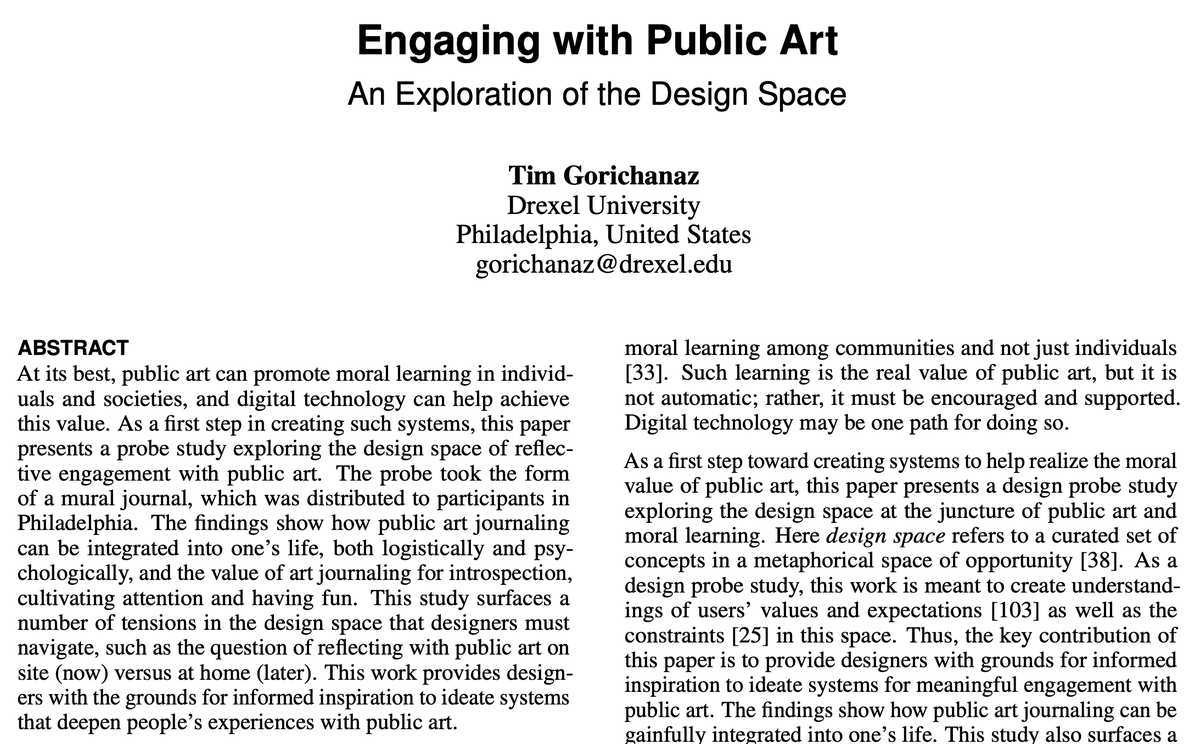 timgorichanaz's tweet photo. Happy to share my paper "Engaging with Public Art: An Exploration of the Design Space," to be presented at #CHI2020.
Preprint at: https://t.co/zd77PqHQAP
#designresearch #publicart #hci #uxresearch #information #designprobe #informationresearch https://t.co/4mcRfUkwlj