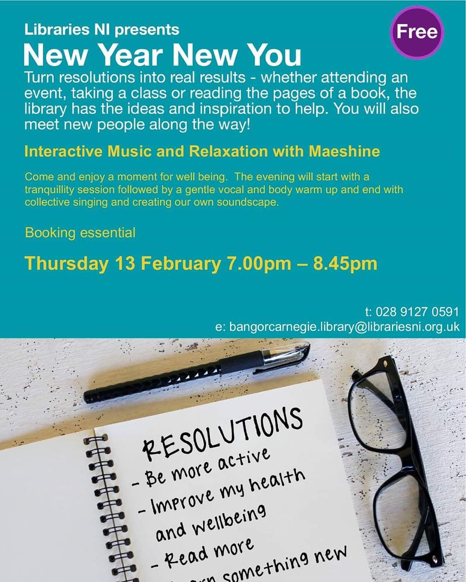 Maeshine6's tweet photo. Free evening for well-being at Bangor Carnegie Library. The library has been holding health focussed sessions and we are delighted to offer this interactive evening, with tranquility, gentle warm ups, collective soundscapes and singing. Join us Thursday 13 February at 7pm 😊🙂 https://t.co/KbXMVNwBY1
