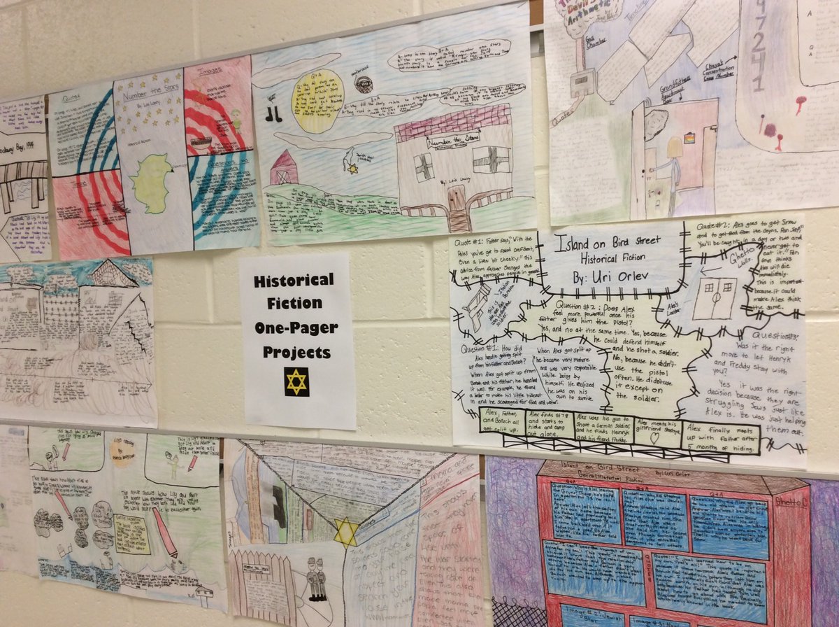 Mtsd6S's tweet photo. I am so impressed with the one-pager assignments the students did to wrap up our historical fiction book club! #soldierx #islandonbirdstreet #numberthestars #lilyscrossing #thedevilsarithmetic @MTSD_ELACoach @MTSDmtes_jhes https://t.co/BgKTL1zpix
