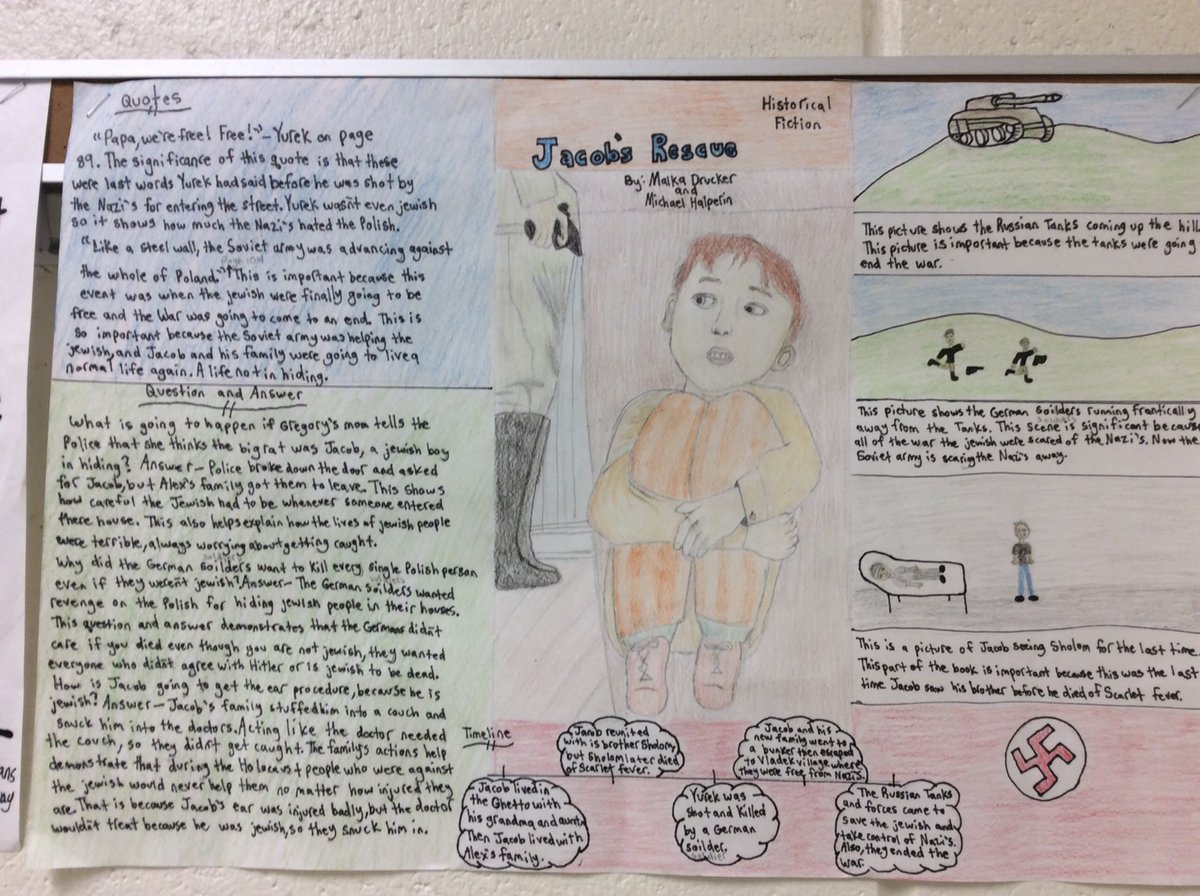Mtsd6S's tweet photo. I am so impressed with the one-pager assignments the students did to wrap up our historical fiction book club! #soldierx #islandonbirdstreet #numberthestars #lilyscrossing #thedevilsarithmetic @MTSD_ELACoach @MTSDmtes_jhes https://t.co/BgKTL1zpix