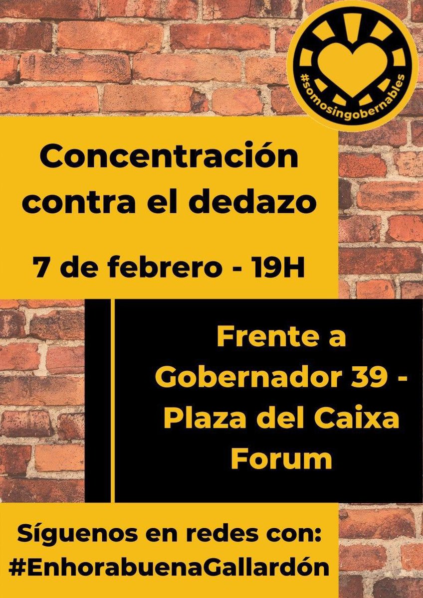 📣   ¡CONCENTRACIÓN! 
Esta tarde a las 19:00 nos vemos delante del edificio que fue el CS La Ingobernable para denunciar la cesión y demolición del edificio ✊ #EnhorabuenaGallardón 
💛 10, 100, 1000 centros sociales💛