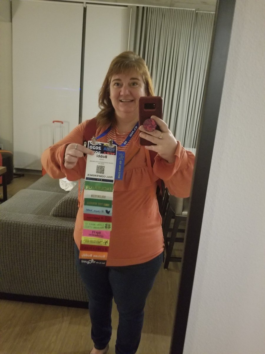 chock_bobbi's tweet photo. Got my name badge on and ready to go!  I have learned so much so I am not sure if my brain can fit anymore! Thank you @JKimRRISD for letting me be a part of this. Thank you @TCEA for this amazing conference! #TCEA2020 #TCEA #TCEA20 #lifelonglearner https://t.co/9pXTRG9oE8