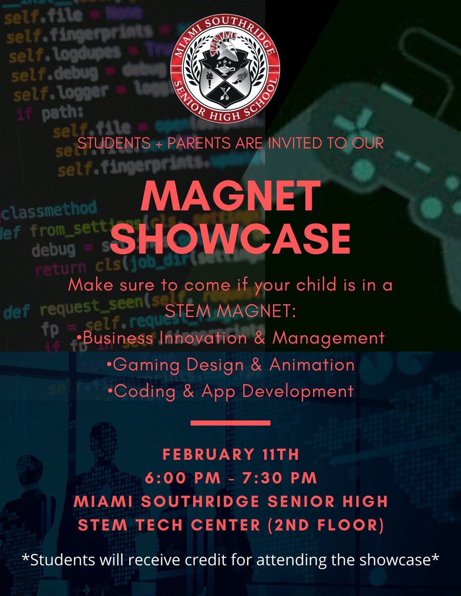 SpartanMagnet's tweet image. Attention STEM Magnet Students &amp;amp; Parents! You are invited to our Magnet Showcase on Feb. 11 @ 6 PM. Come by to meet the Principal, teachers, and see the amazing work of students! #BusinessInnovationManagement
#CodingAppDevelopment
#GamingDesignAnimation
