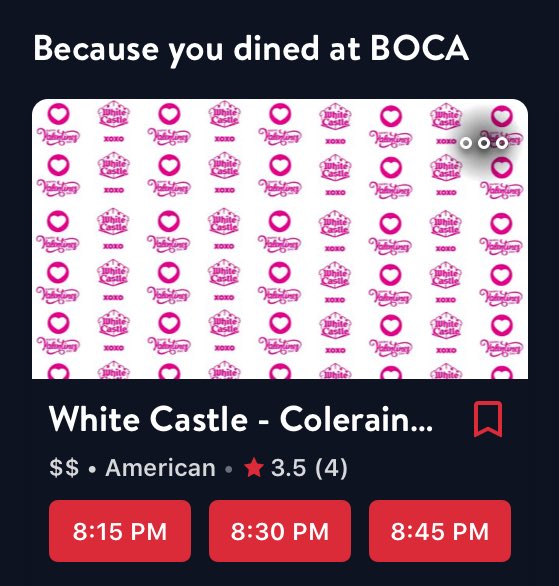 NicCovey's tweet photo. Given my range of eating habits there is either something deeply flawed or incredibly predictive about the @OpenTable recommendation engine. @WhiteCastle or @bocarestaurant for V-Day? @meghan_covey will just have to wait and see. https://t.co/6kzjKdDoQC