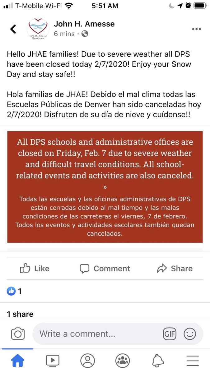 Good morning JHAE! Due to severe weather all DPS schools are closed today. Debido el map clima today las escuals puvlicas de DENVER Han Sid canceladsa hoy!