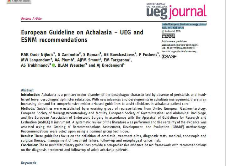 my_ueg's tweet photo. The first European Guideline on #Achalasia now available in the Standards &amp; Guidelines Repository! Get recommendations on diagnosis, treatment and follow-up of achalasia, form experts from @esnm_eu and UEG! https://t.co/EEeWdNME5K https://t.co/qFCXq7taJc