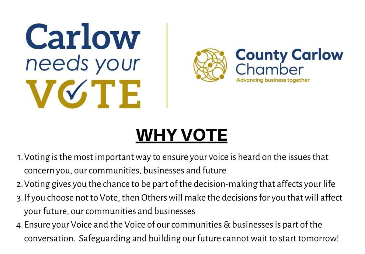 carlowchamber's tweet image. The forecast from @CarlowWeather shows changed conditions for tomorrow; make sure it does not prevent you from having your say.  Don't waste your right to #VOTE #GE2020 #CarlowNeedsYourVote #OurTimeToVote