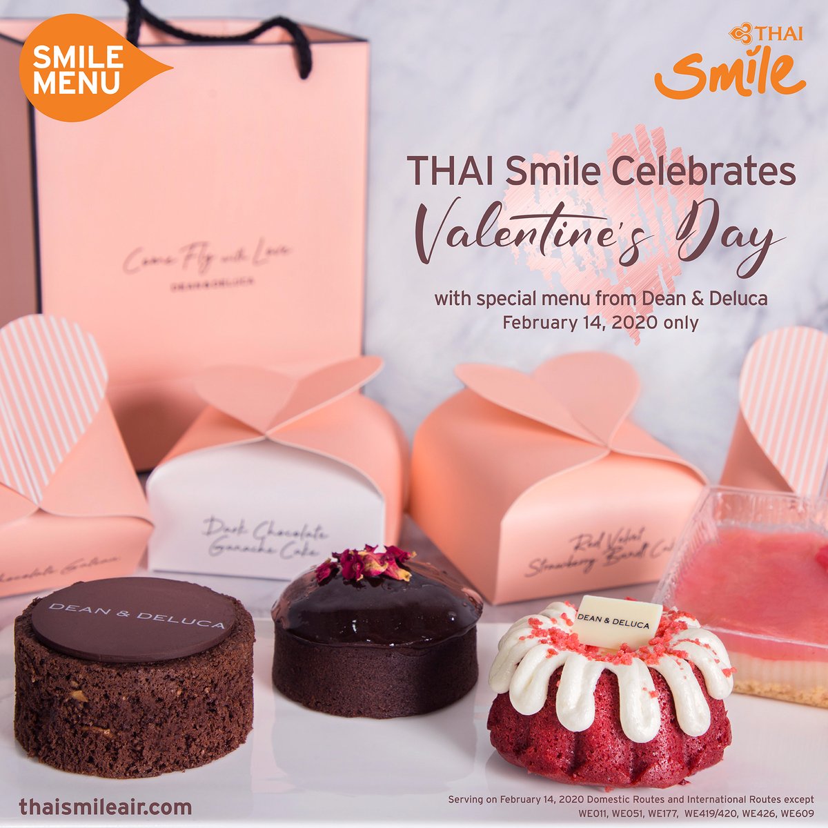 THAISmileIndia's tweet photo. THAI Smile is spreading the love and fulfilling the smiles on Valentine's Day with special menu including Dark Chocolate Ganache Cake and Lychee Rice Milk Cream Pudding from Dean & Deluca.
The service is available only on February 14, 2020.
#THAISmile #SmileMenu #ValentinesDay https://t.co/CqNuTn8hNa