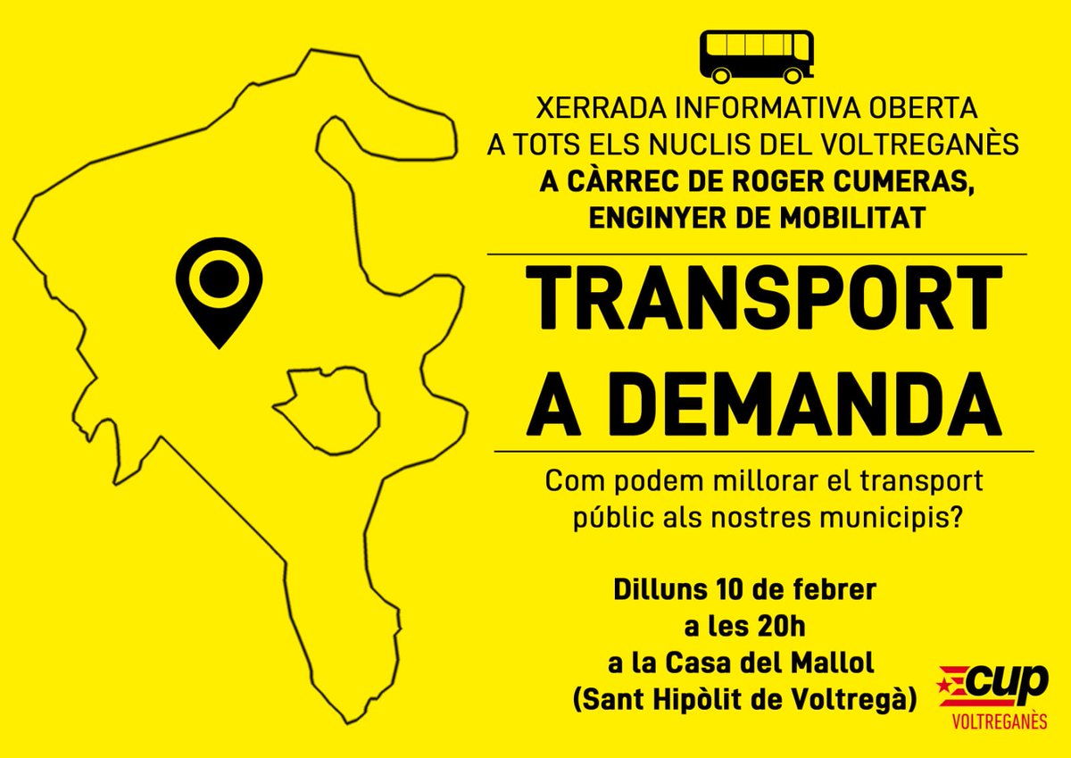 - Què és el #TransportADemanda?
- Com pot millorar i fer més eficient l'oferta de transport públic?

Aquest dilluns dia 10 al vespre, ho explicaré a Sant Hipòlit de Voltregà, per treballar per una #MobilitatSostenible al Voltreganès

#SmartMobility #OnDemandTransport