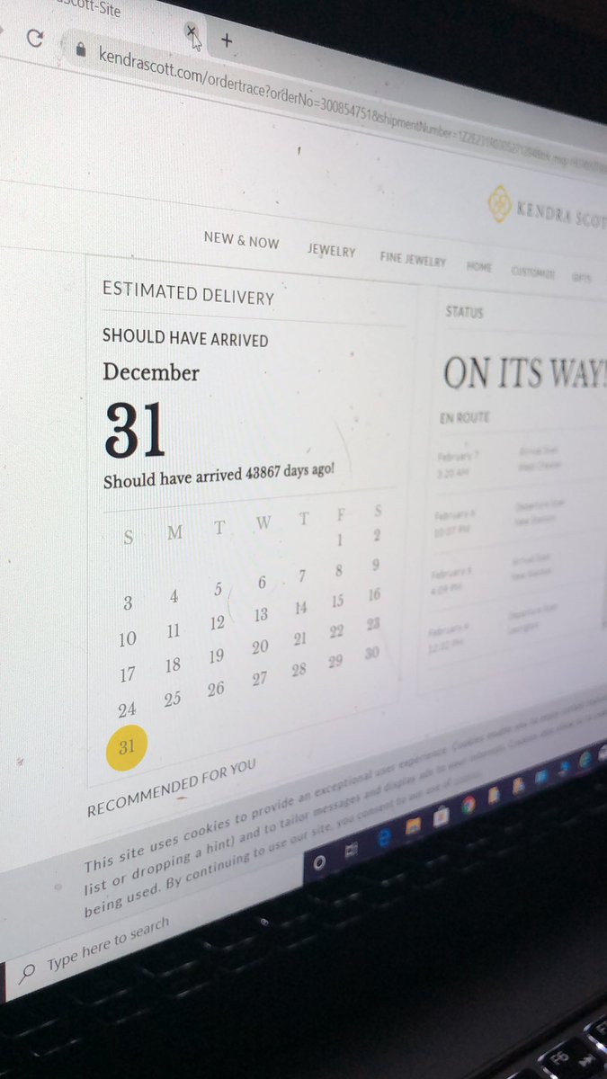 Cate_Stedman's tweet image. @KendraScott I think there is something wrong with your website. Apparently my necklace should have arrived 43,867 days ago (120 years)! #ItsAboutTime #CodingError