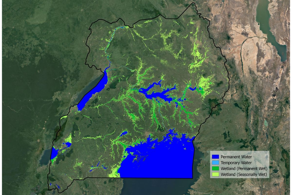 ESA_EO's tweet photo. A map showing the wetlands of Uganda overlaid on #GoogleEarth images. 
The map has been produced combining optical and radar observations using data from  @CopernicusEU #Sentinel1 &amp;  #Sentinel2, as well as data from the @NASA_Landsat , from 2016-17. https://t.co/PNzGmzCDpv https://t.co/G6T6bgYw1m