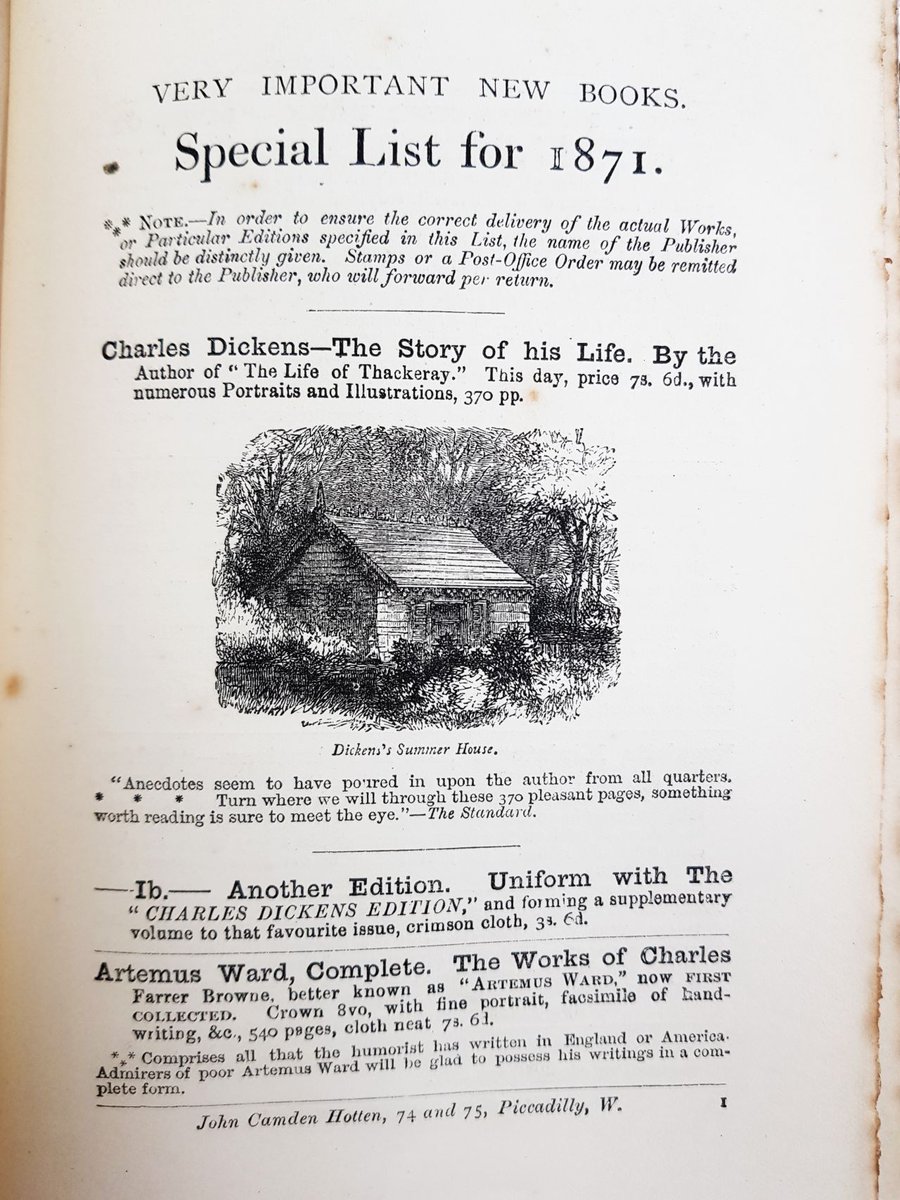A page in a book which contains recommendations of 'very important new books, special list for 1871', includes books about Charles Dickens and an illustrations of 'charles Dickens's summer house' 
