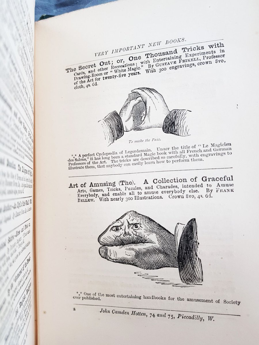 Open page of a book featuring some amusing book recommendations from 1871. There are several drawings of hands on the page, and one has a face on it. 