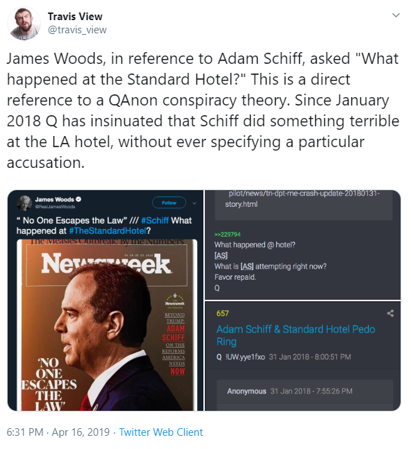 This morning, Trump retweeted actor James Woods, who last night returned to Twitter after a 9+ month absence. Woods has tweeted multiple screenshots of "Q" posts & amplified QAnon content, & he has also pushed Pizzagate.  https://www.mediamatters.org/maga-trolls/actor-james-woods-main-conduit-content-far-right-fever-swamps-millions-twitter
