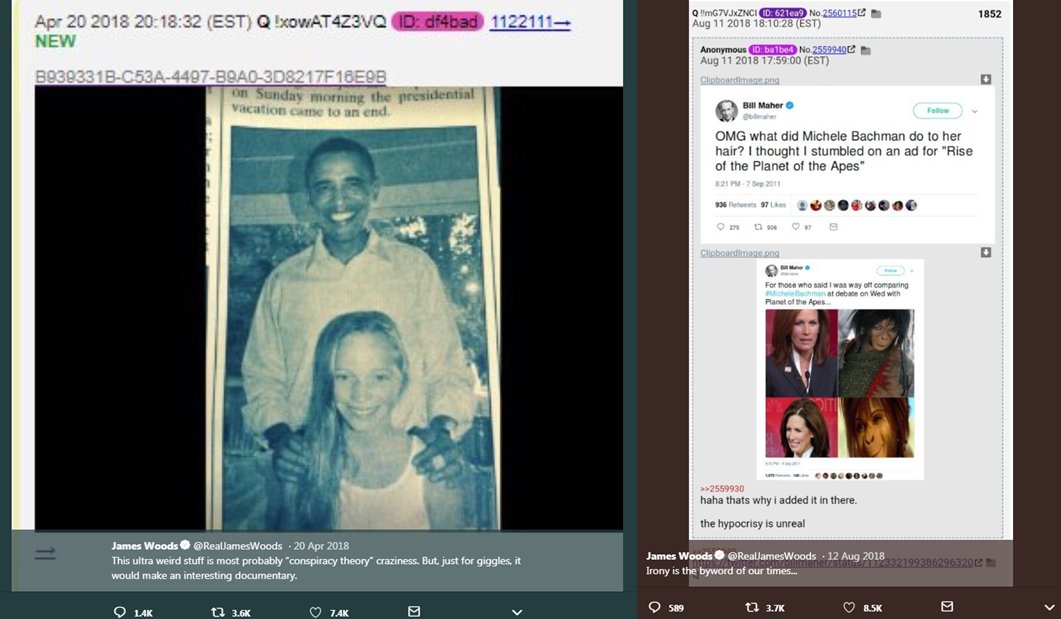 This morning, Trump retweeted actor James Woods, who last night returned to Twitter after a 9+ month absence. Woods has tweeted multiple screenshots of "Q" posts & amplified QAnon content, & he has also pushed Pizzagate.  https://www.mediamatters.org/maga-trol...