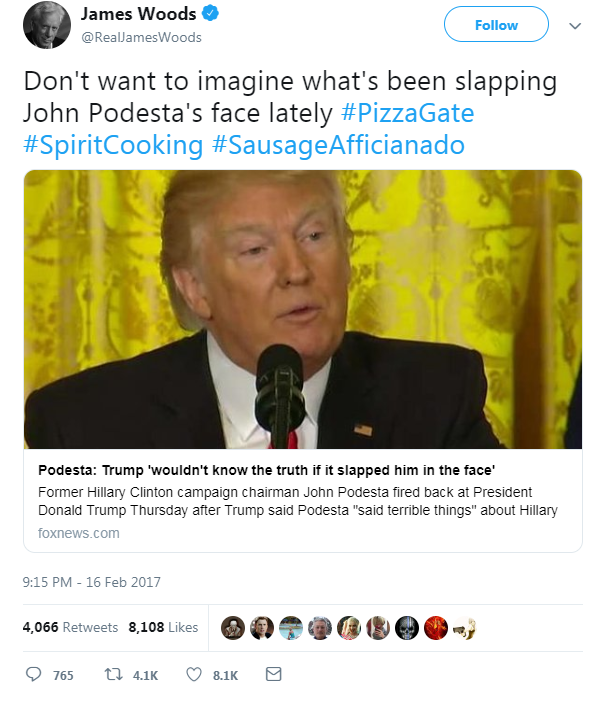 This morning, Trump retweeted actor James Woods, who last night returned to Twitter after a 9+ month absence. Woods has tweeted multiple screenshots of "Q" posts & amplified QAnon content, & he has also pushed Pizzagate.  https://www.mediamatters.org/maga-trol...