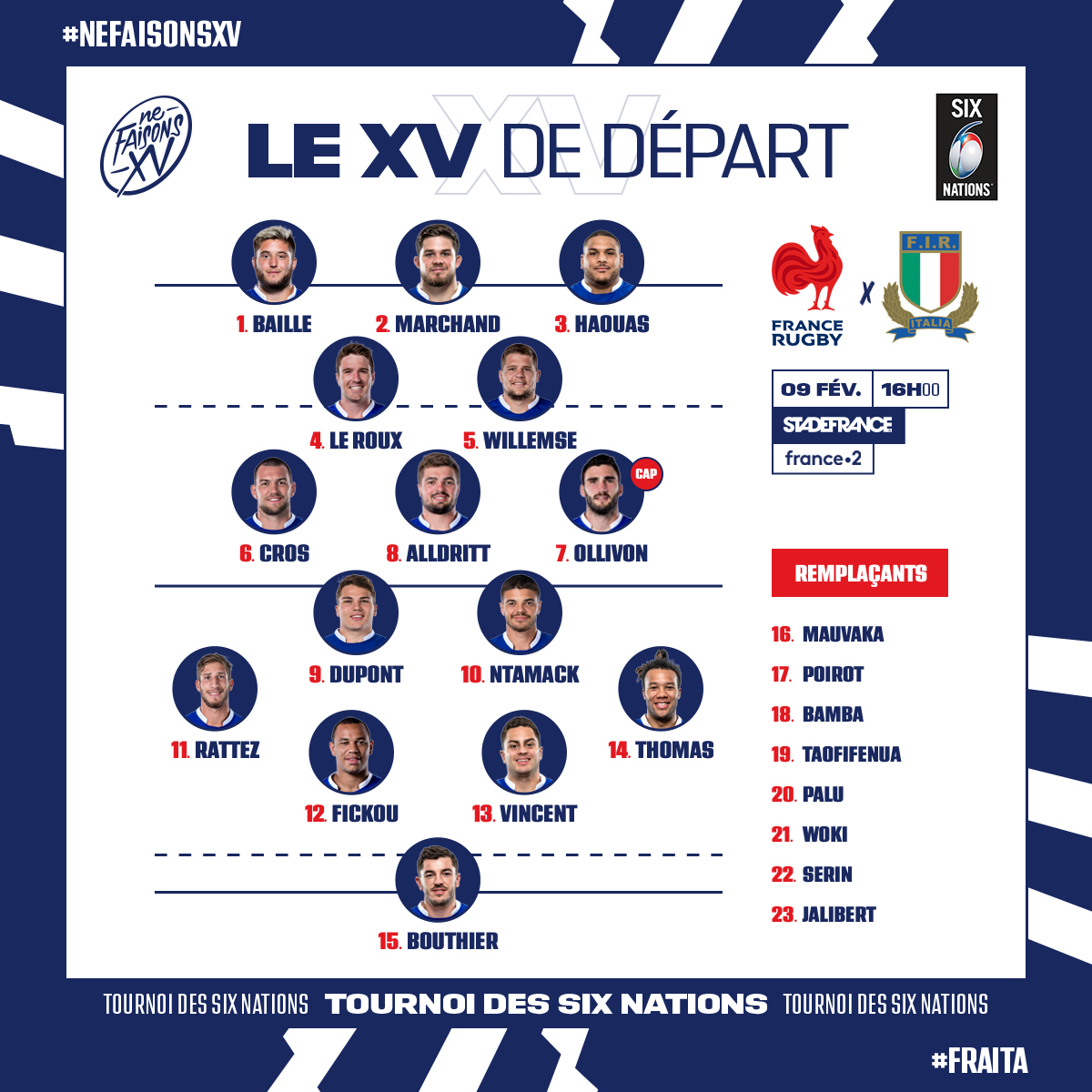 FranceRugby's tweet photo. 🇫🇷🇮🇹 LA COMPO DES BLEUS !

 💥 Voici les 23 joueurs qui affronteront l'Italie dimanche !

Venez les encourager il reste des places  ! 
🎟️ https://t.co/cF2pMlkZNY

#NeFaisonsXV #XVdeFrance #FRAITA https://t.co/XAGKqu0cjM