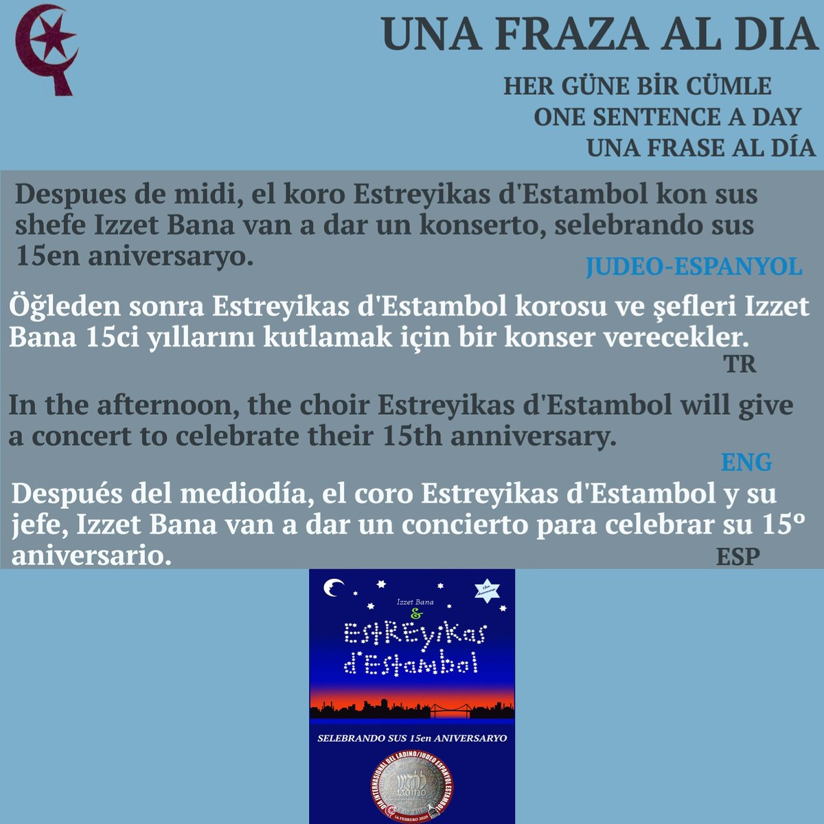 sefaraditurkey's tweet photo. Una Fraza al Dia

One Sentence a Day

Her Güne bir Cümle

Una Frase al Día https://t.co/wDod7S6pt0