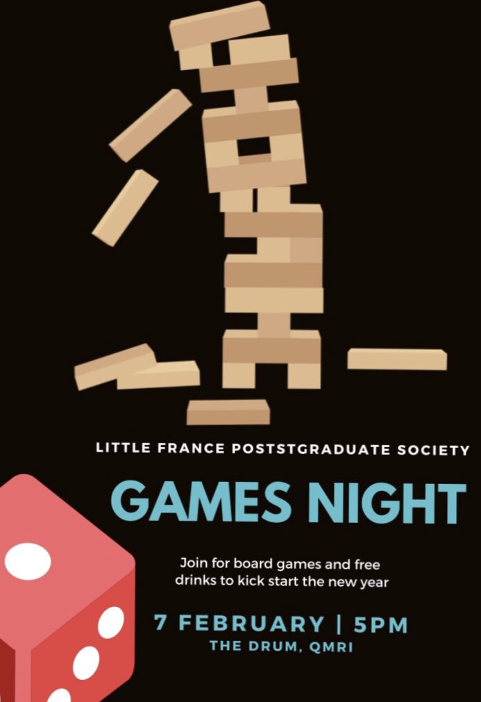 LFPgradSoc's tweet photo. Don’t forget to come along to our welcome back Games Night later at 5pm in the Drum, QMRI! Free drinks to kick off your Friday night 🍻 https://t.co/jbmGb8J5sL
