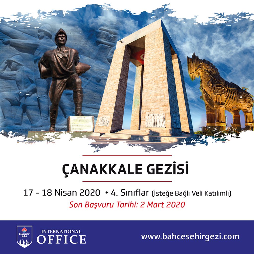 4. sınıf öğrencilerimiz, Çanakkale Zaferi’nin 105. yılında, 17-18 Nisan 2020 tarihlerinde şehitlerimizi anmak için Çanakkale’de buluşuyor. Son başvuru tarihi 2 Mart 2020 olan gezimiz hakkında ayrıntılı bilgi ve kayıt için;  bahcesehirgezi.com/program-ve-gez…