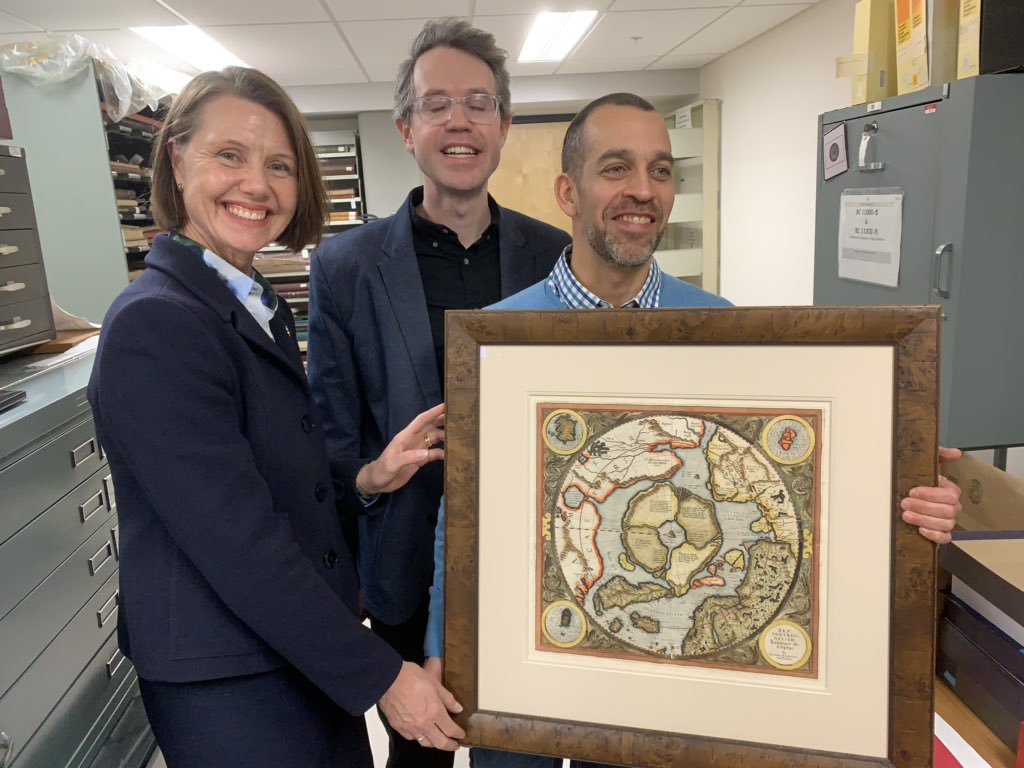 FramMuseum's tweet photo. Wonderful opening of #lessonsfromthearctic @universitelaval library yesterday. Great also to see an original first state version of a #gerardmercator map of the #arctic @NorwayinCanada @AnneKOvind #roaldamundsen #northwestpassage #fram #gjøa #universitelaval https://t.co/AC3JPnNOyB