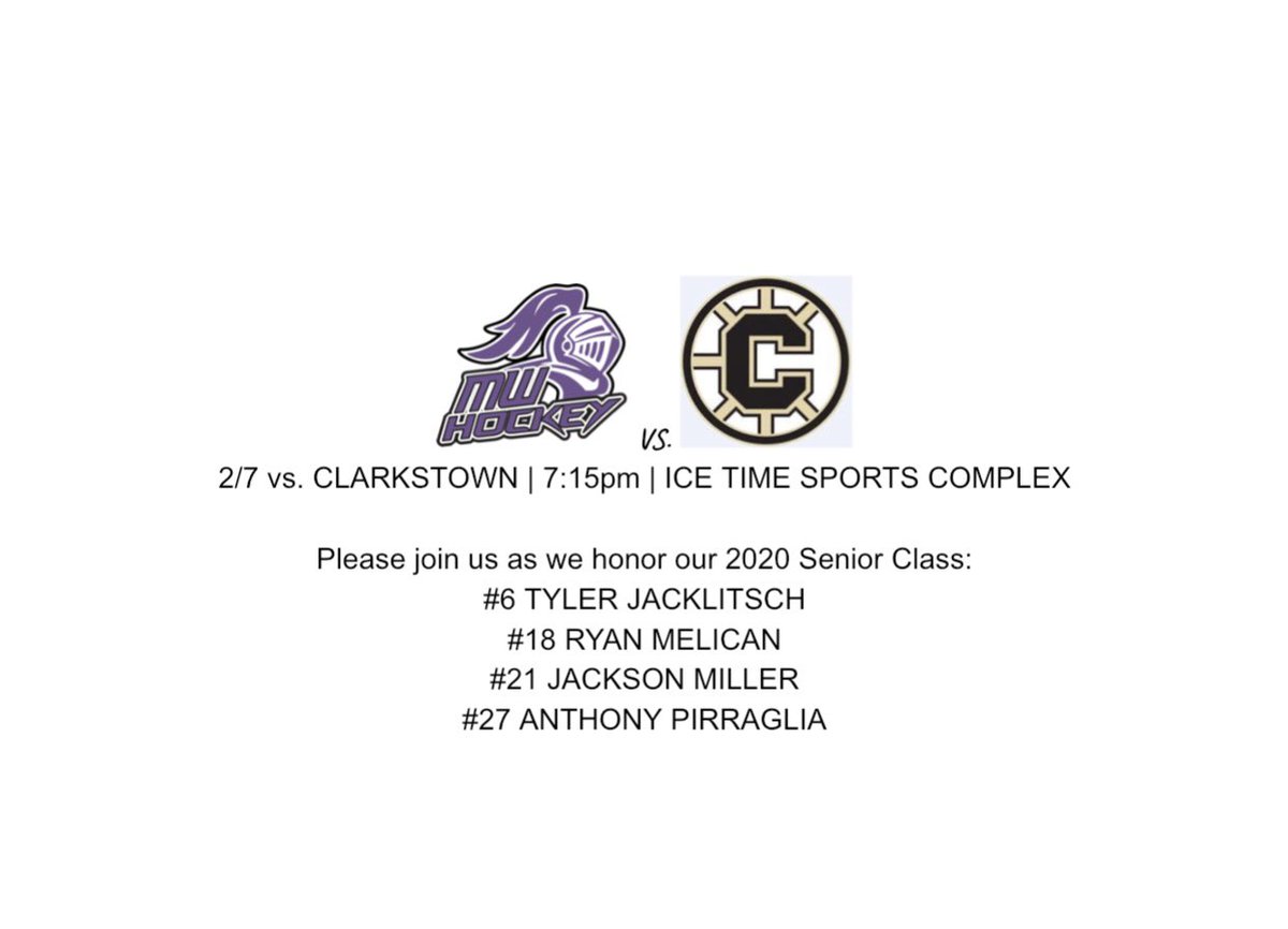 MWhockey's tweet photo. **SENIOR NIGHT** Crusaders host Clarkstown, 7:15pm at Ice Time Sports Complex. Admission $3. The program will honor the 2020 Seniors prior to the opening face off! #GAMEDAY #FridayNightIce #ThankYouSeniors #MWhockey #MWpuck https://t.co/k15z99psRI