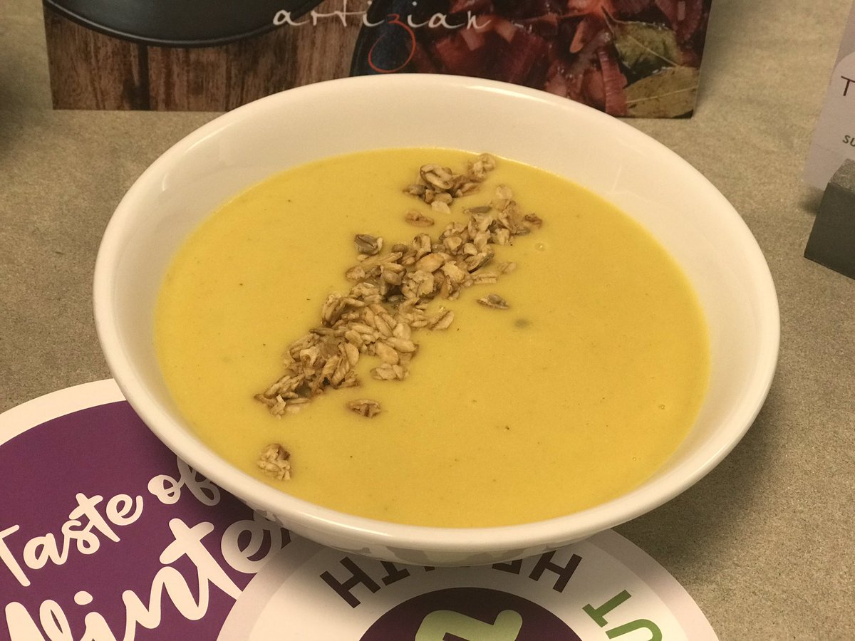 DevilMinx's tweet photo. Home made #moodfood Coconut &amp; Turmeric Split Yellow Pea Soup with Savoury Granola @ArtizianCaters head office. #tasteofwinter #winterwarmer #eatwellatwork #seasonallarder 👍🏼👍🏼👍🏼 https://t.co/gumWSQ4hoL